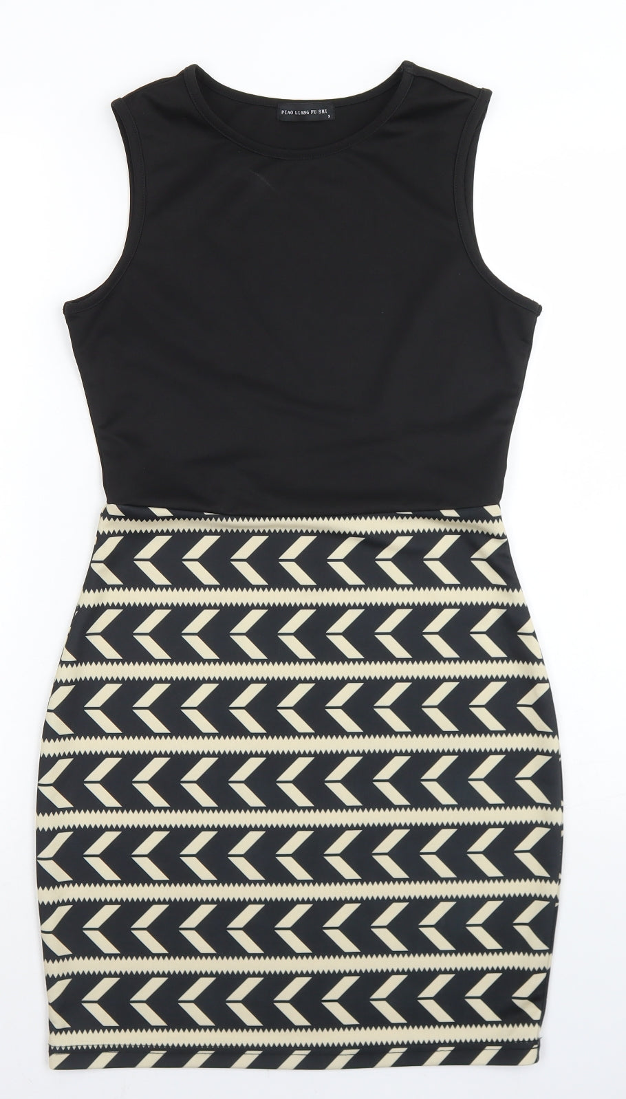 Piao Liang Fu Shi Womens Black Striped Polyester Pencil Dress  Size S  Round Neck