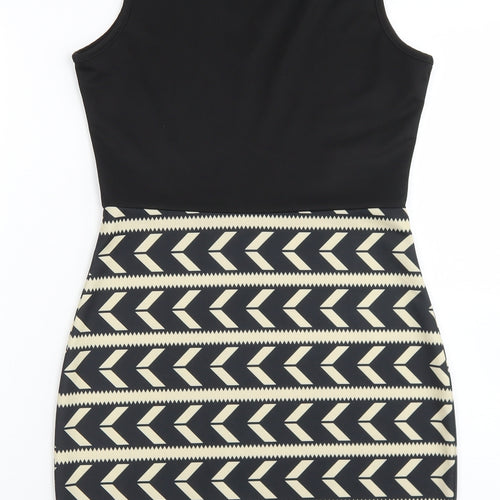 Piao Liang Fu Shi Womens Black Striped Polyester Pencil Dress  Size S  Round Neck