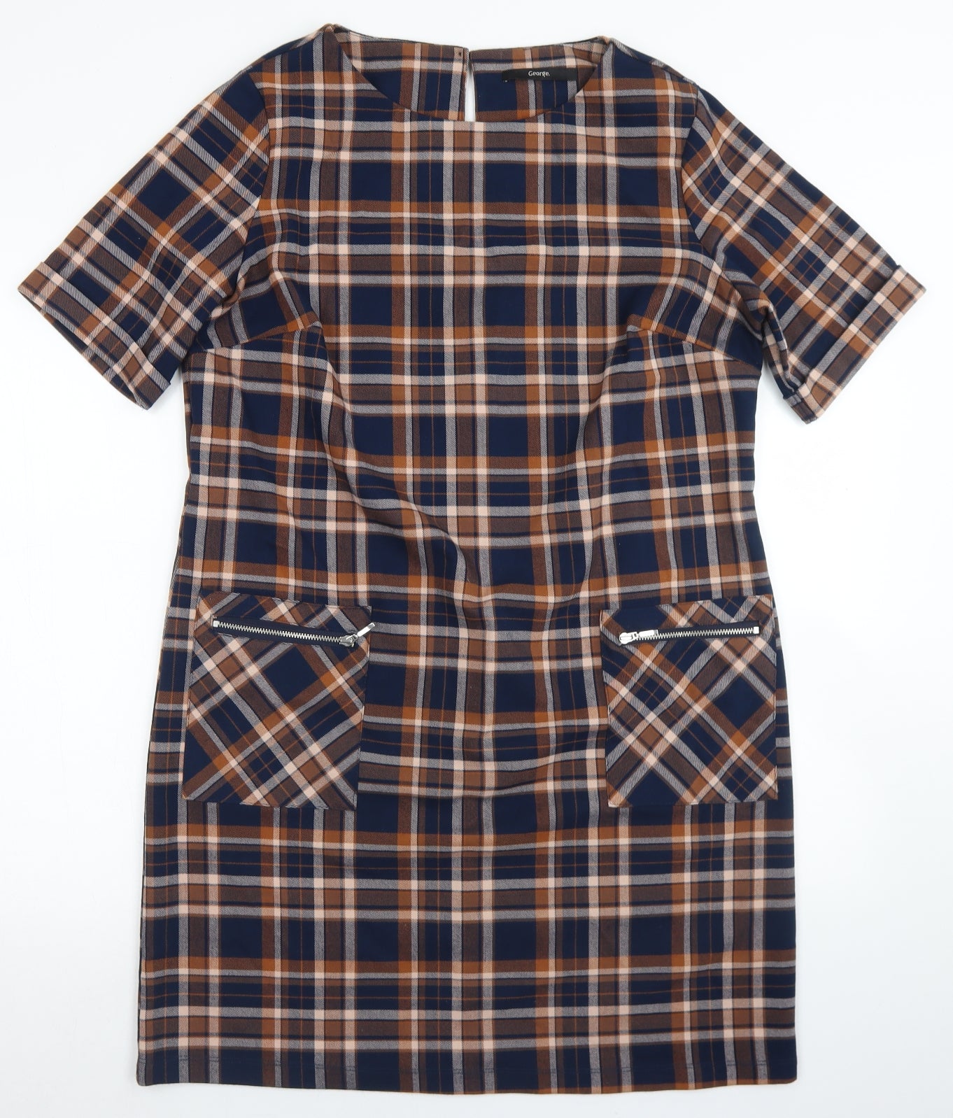 George Womens Blue Plaid Polyester A-Line  Size 16  Round Neck Button