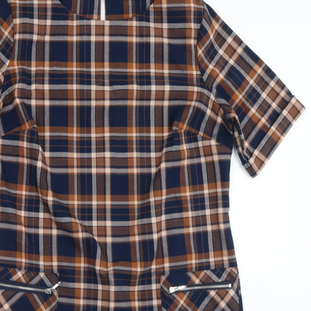 George Womens Blue Plaid Polyester A-Line  Size 16  Round Neck Button