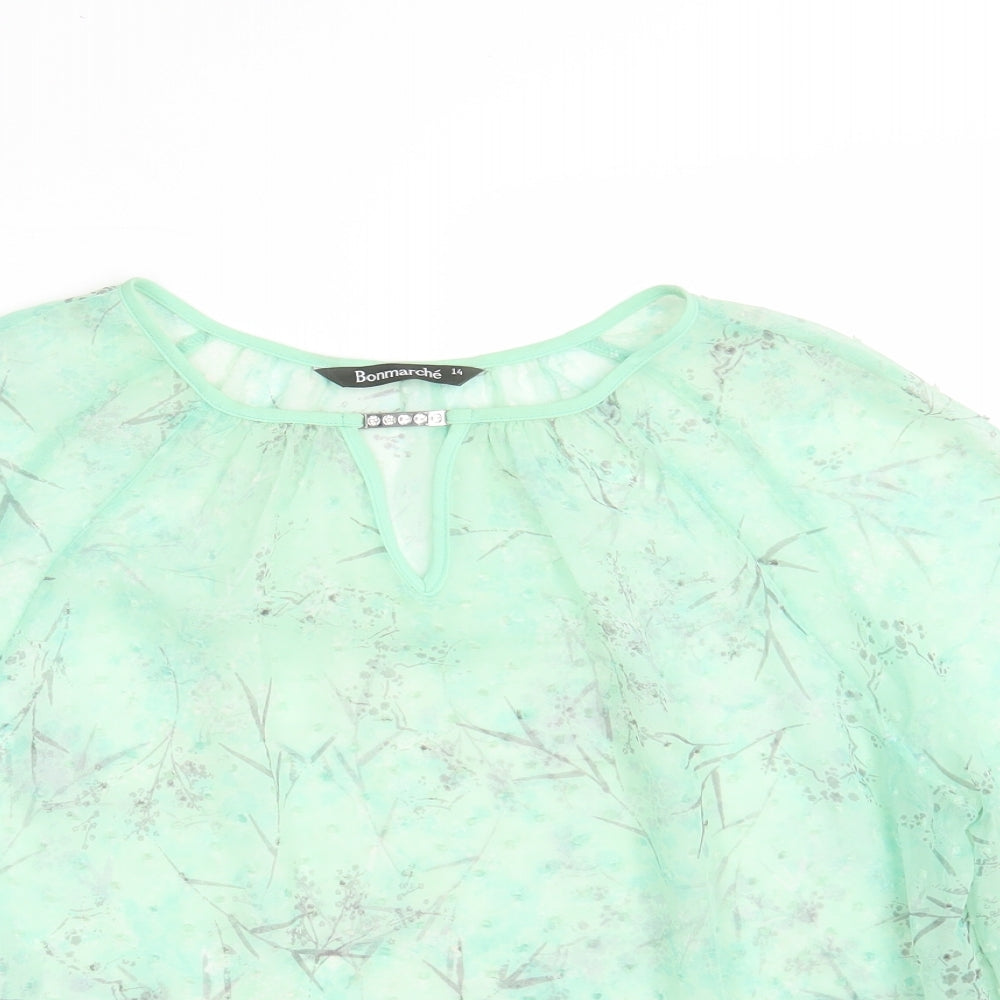 Bonmarché Womens Green Floral Polyester Basic Blouse Size 14 Round Neck