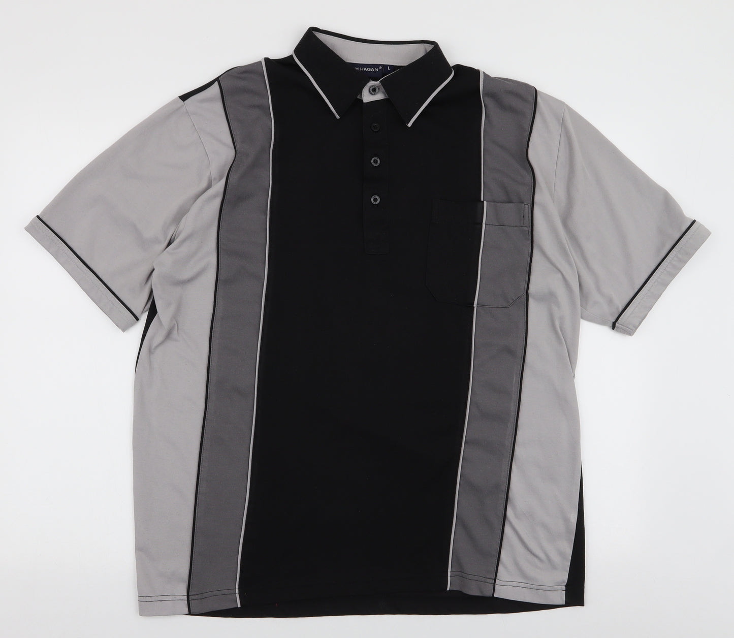 Tom Hagan Mens Black  Polyester  Polo Size L Collared Button