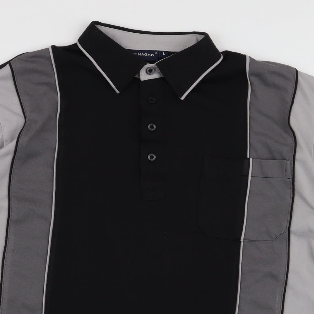Tom Hagan Mens Black  Polyester  Polo Size L Collared Button