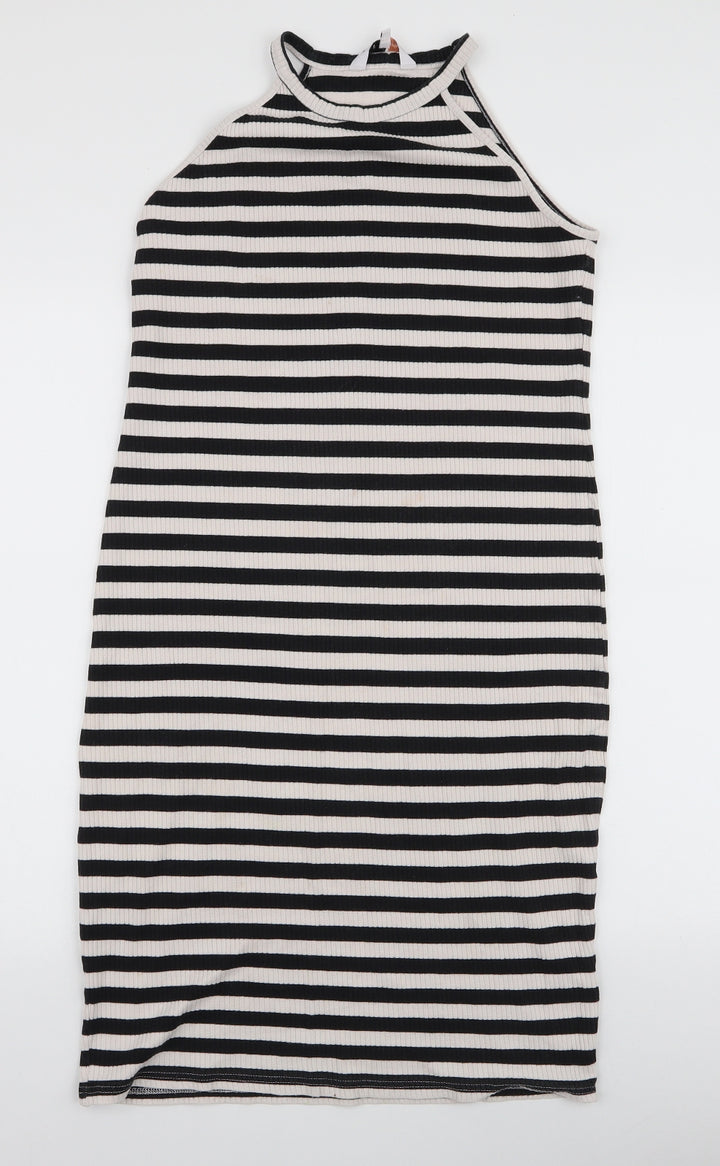Blue Inc Womens Black Striped Cotton Bodycon Size 12 High Neck Pullover