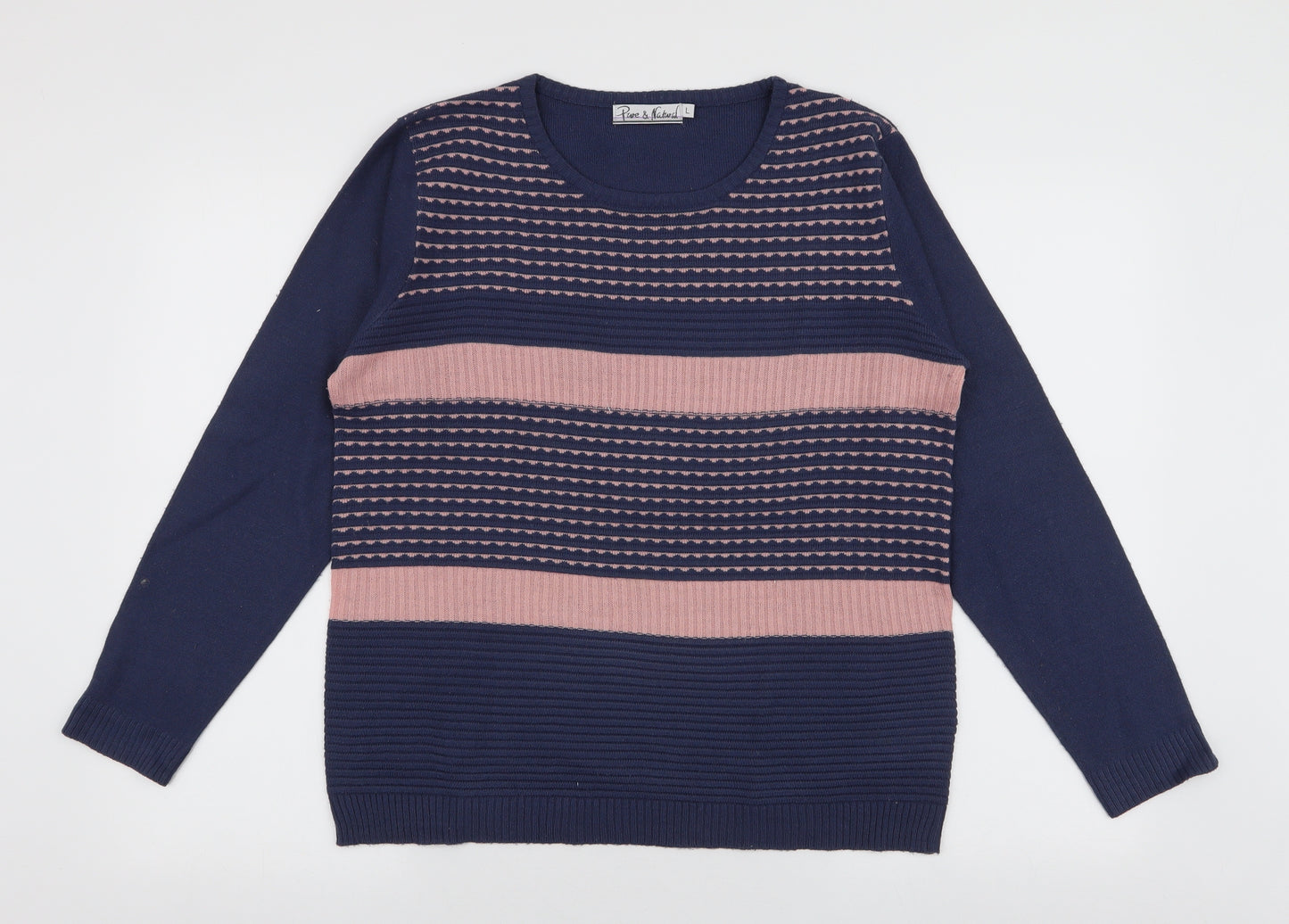Pure & Natural Womens Blue Round Neck Striped Acrylic Pullover Jumper Size L