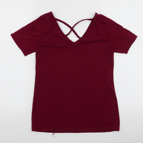 Preworn Womens Red  Polyester Jersey T-Shirt Size S V-Neck