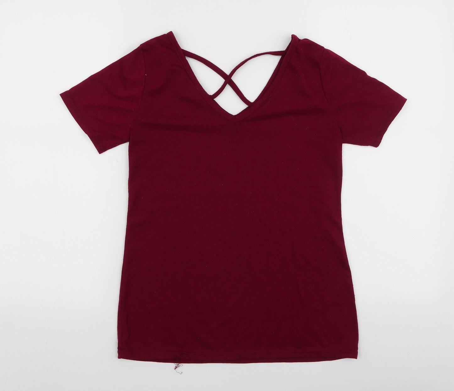 Preworn Womens Red  Polyester Jersey T-Shirt Size S V-Neck