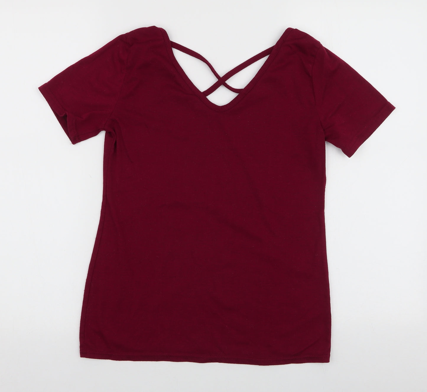 Preworn Womens Red  Polyester Jersey T-Shirt Size S V-Neck