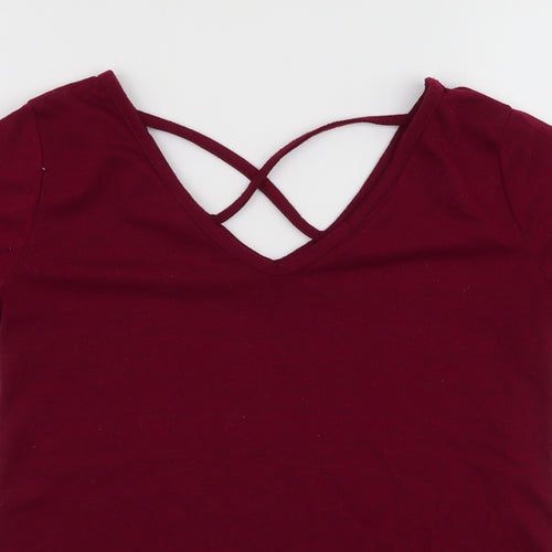 Preworn Womens Red  Polyester Jersey T-Shirt Size S V-Neck
