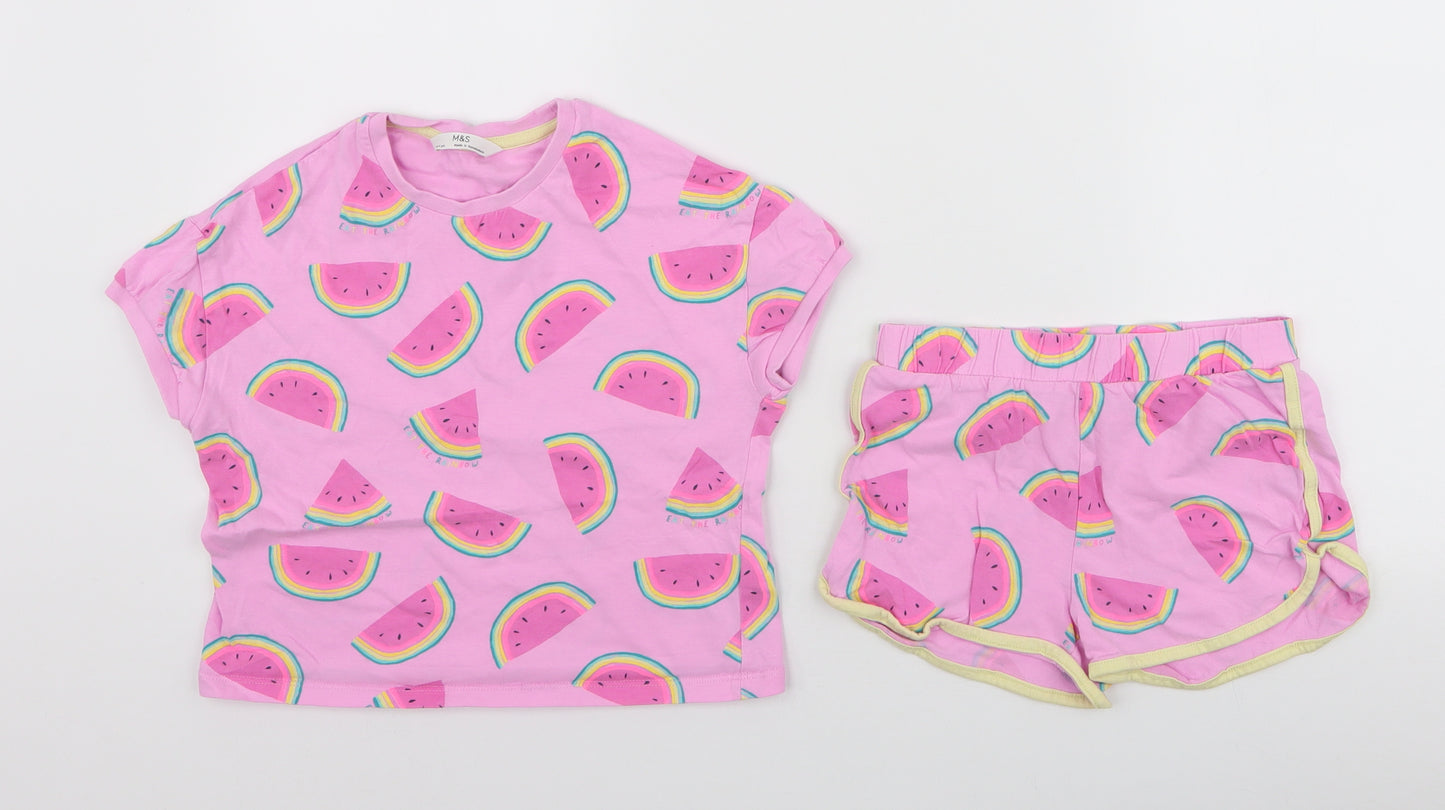 Marks and Spencer Girls Pink  Cotton Top Pyjama Set Size 6-7 Years  Pullover - Watermelon