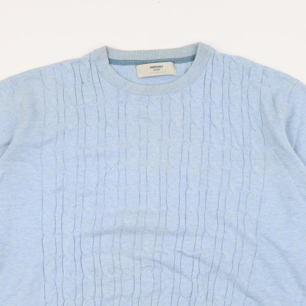 Goodsouls Mens Blue Crew Neck  Cotton Pullover Jumper Size L