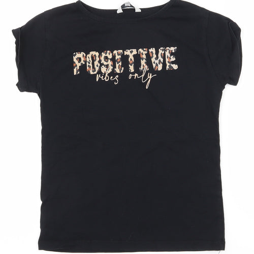 Miss Evie Girls Black  100% Cotton Pullover T-Shirt Size 9-10 Years Round Neck Pullover