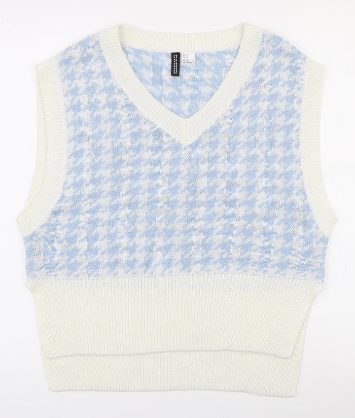 H&M Womens White V-Neck Houndstooth Acrylic Pullover Jumper Size XS