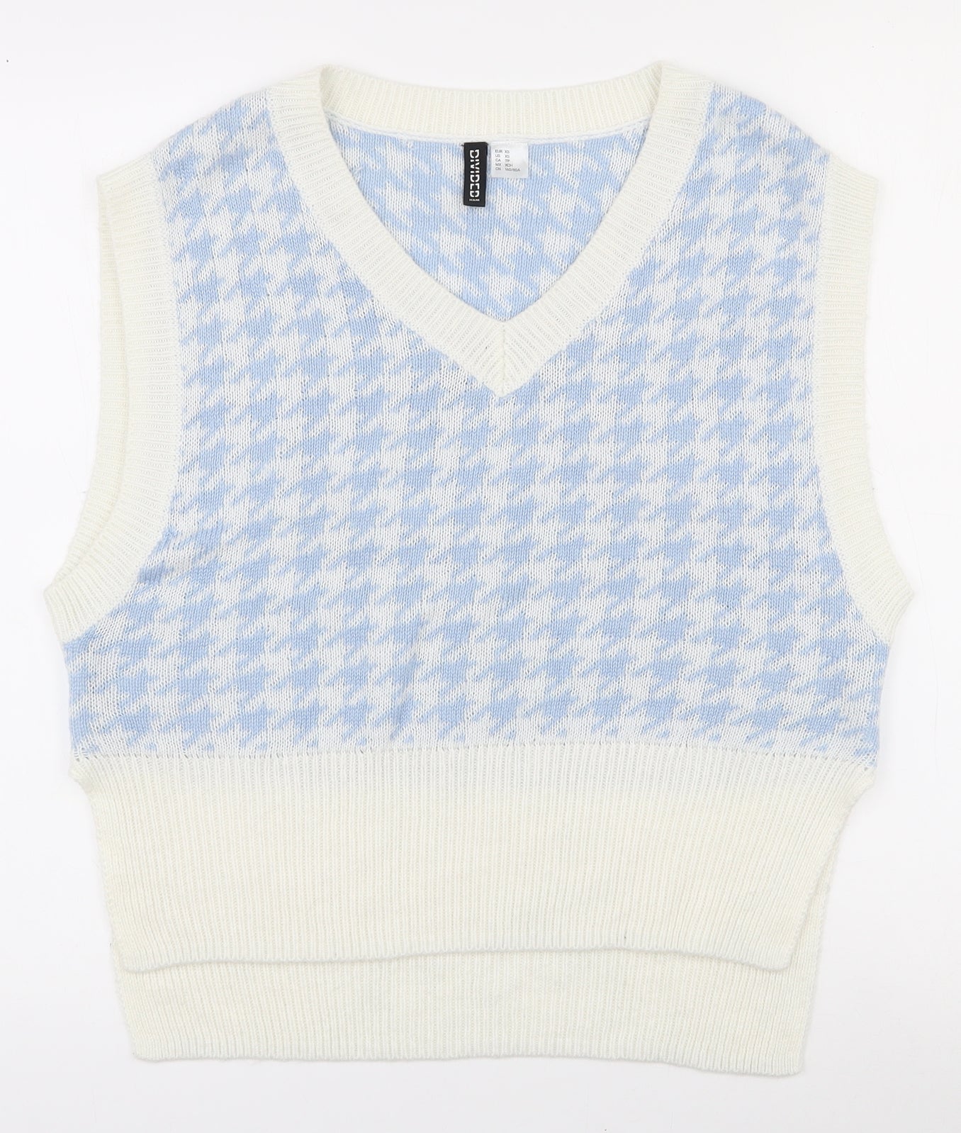 H&M Womens White V-Neck Houndstooth Acrylic Pullover Jumper Size XS