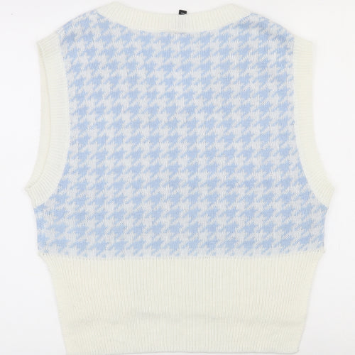 H&M Womens White V-Neck Houndstooth Acrylic Pullover Jumper Size XS