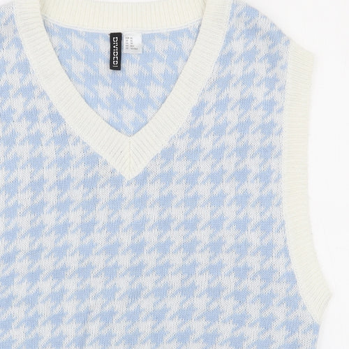 H&M Womens White V-Neck Houndstooth Acrylic Pullover Jumper Size XS