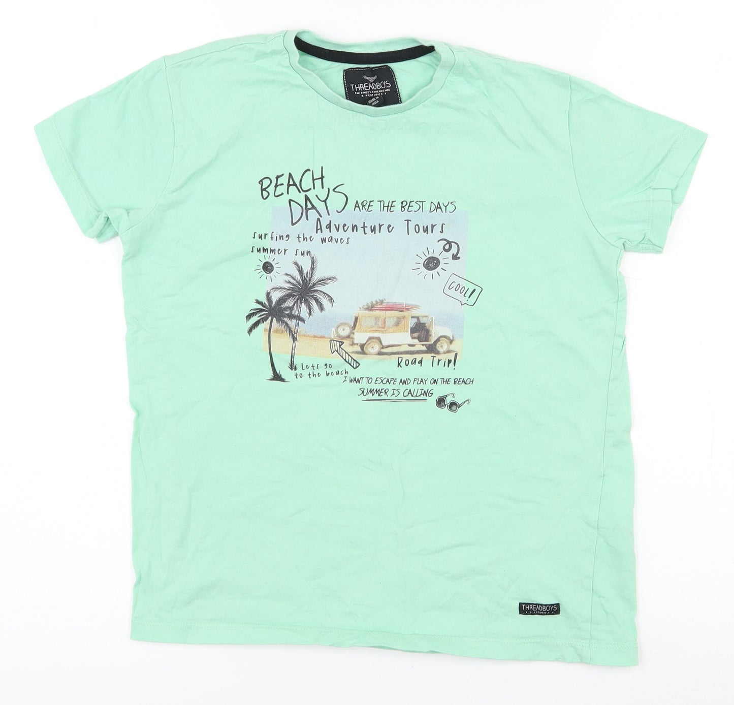 THREADBOYS Boys Green  100% Cotton Pullover T-Shirt Size 9-10 Years Crew Neck Pullover