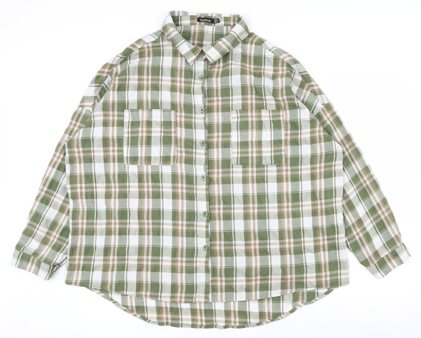 Boohoo Womens Multicoloured Plaid 100% Cotton Basic Button-Up Size 16 Collared
