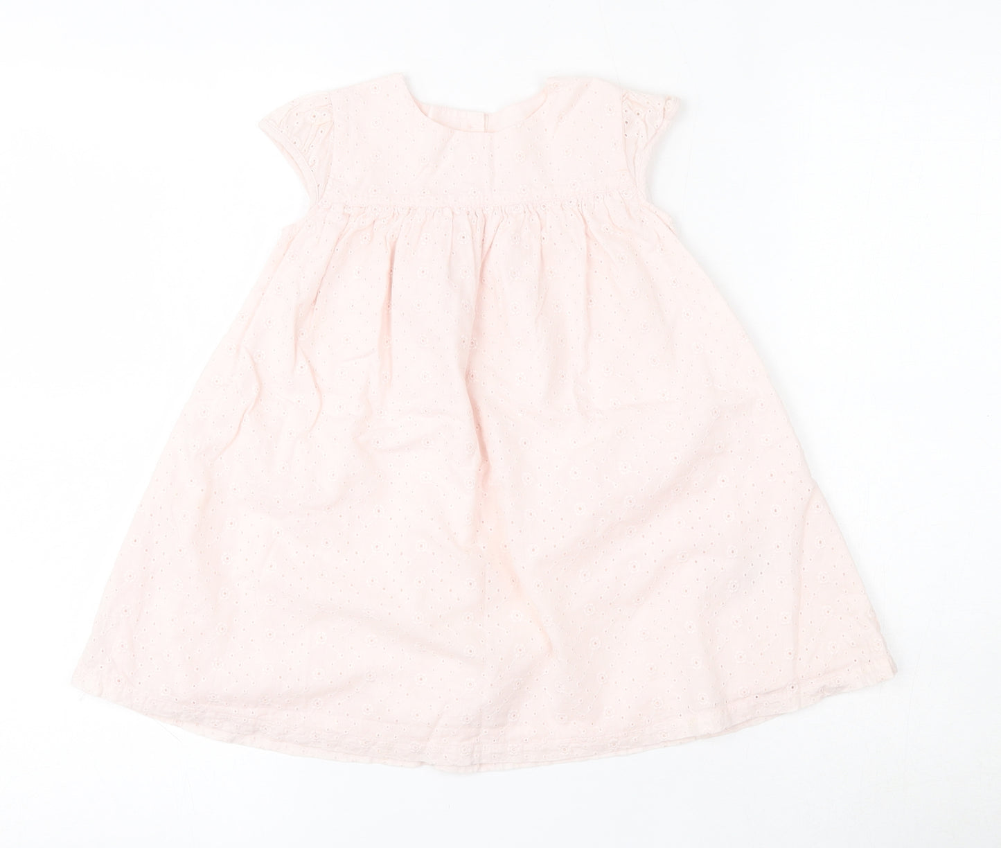 Marks and Spencer Girls Pink  100% Cotton Skater Dress  Size 18-24 Months  Round Neck Button