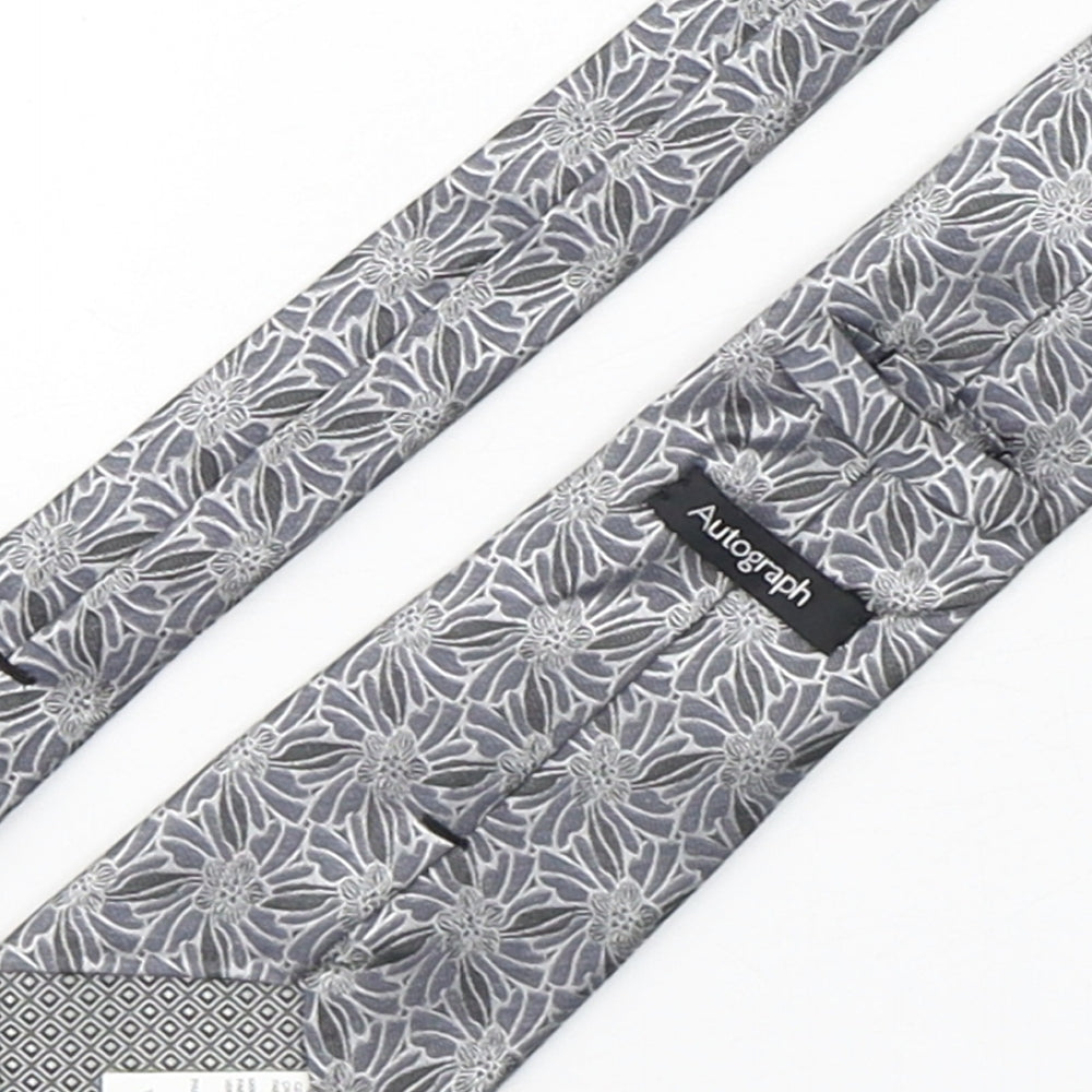 Autograph Mens Silver Floral Silk Pointed Tie One Size