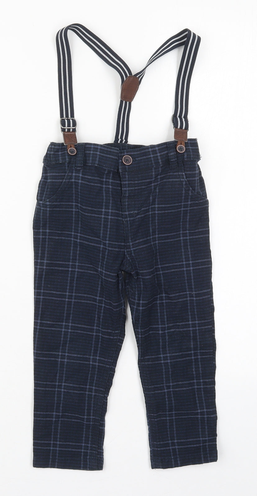 Fred & Flo Boys Blue Check Cotton Capri Trousers Size 18-24 Months  Button - Suspenders