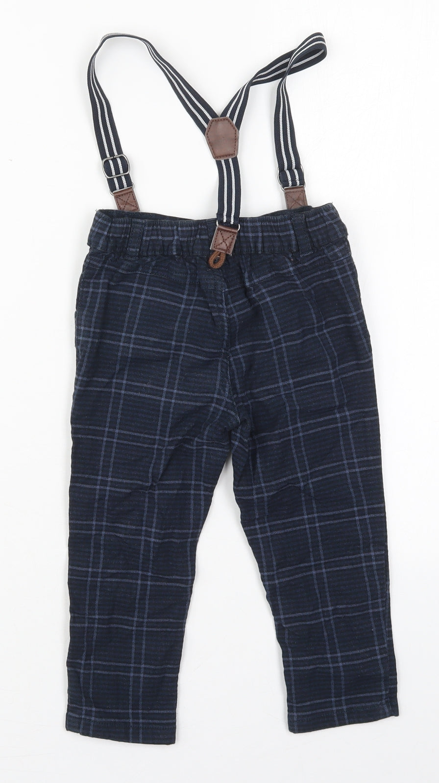 Fred & Flo Boys Blue Check Cotton Capri Trousers Size 18-24 Months  Button - Suspenders