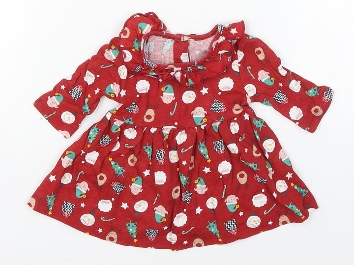 Matalan Girls Red Cotton Skater Dress Size Newborn Round Neck Pullover - Christmas Prints