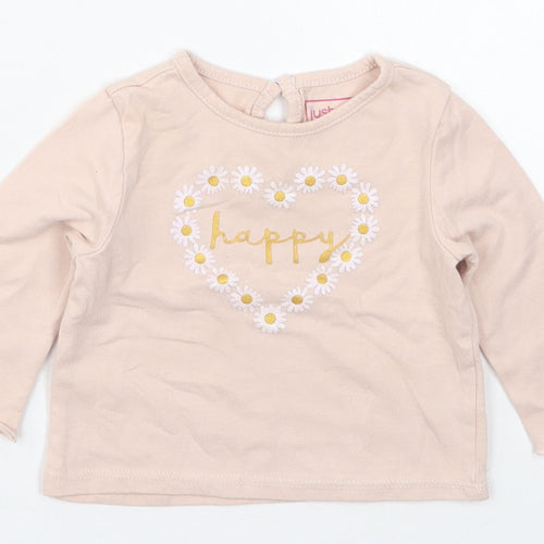 Just Lizzy Girls Pink  Cotton Basic T-Shirt Size 6-9 Months Round Neck Pullover - Happy