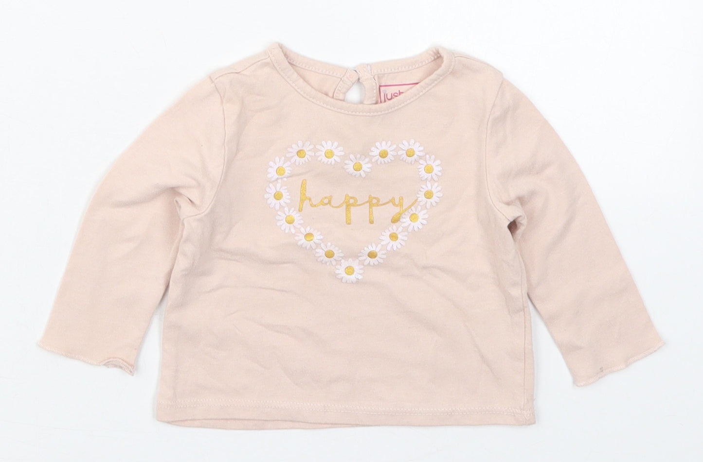 Just Lizzy Girls Pink  Cotton Basic T-Shirt Size 6-9 Months Round Neck Pullover - Happy