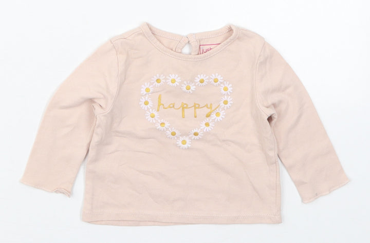 Just Lizzy Girls Pink  Cotton Basic T-Shirt Size 6-9 Months Round Neck Pullover - Happy