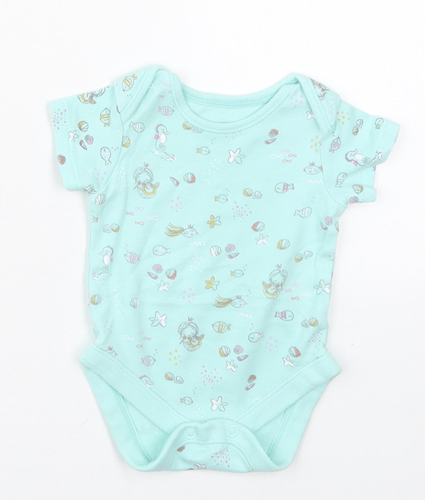 George Girls Blue  Cotton Babygrow One-Piece Size Newborn  Button - Mermaids Shells Fish
