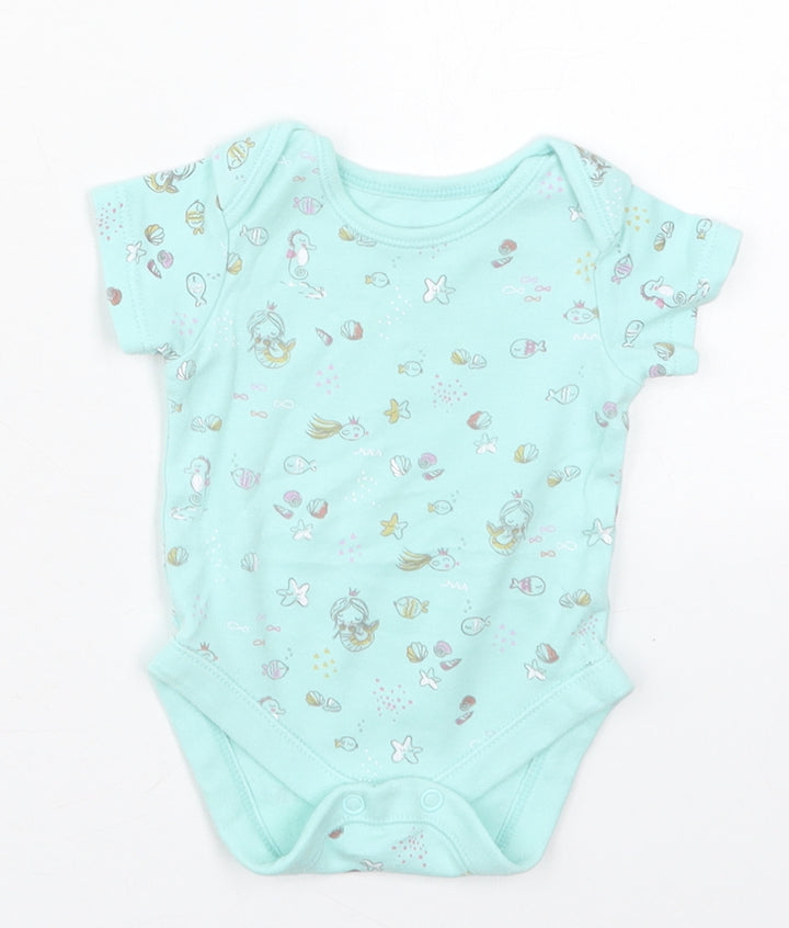 George Girls Blue Cotton Babygrow One-Piece Size Newborn Button - Mermaids Shells Fish