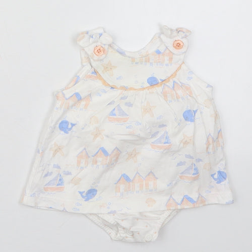 George Girls White  Cotton Babygrow One-Piece Size Newborn  Button - Sailboats Whales