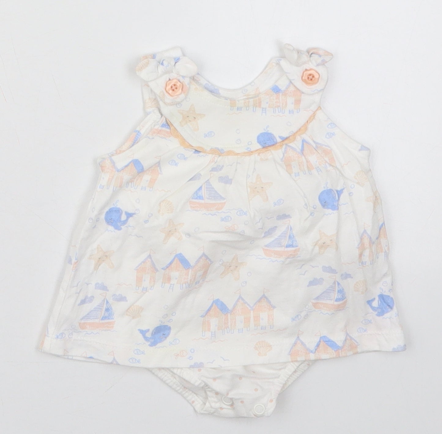 George Girls White  Cotton Babygrow One-Piece Size Newborn  Button - Sailboats Whales