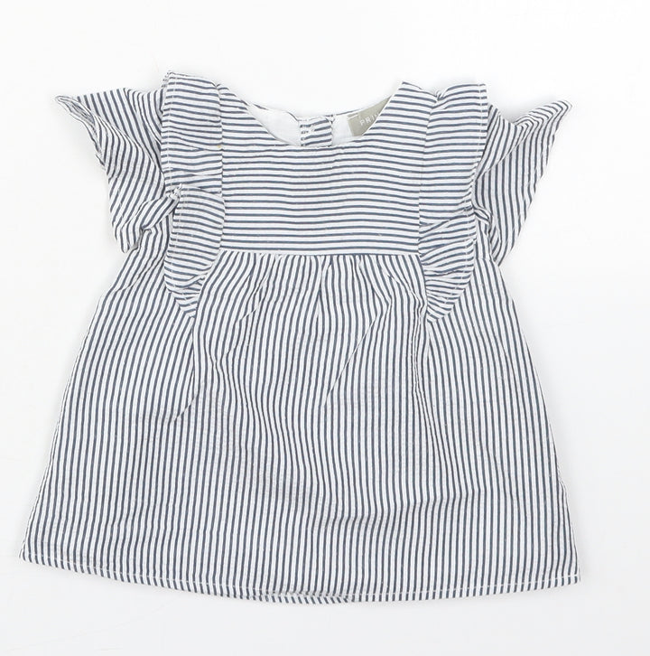 Primark Girls Blue Striped Cotton A-Line Size 0-3 Months Round Neck Button