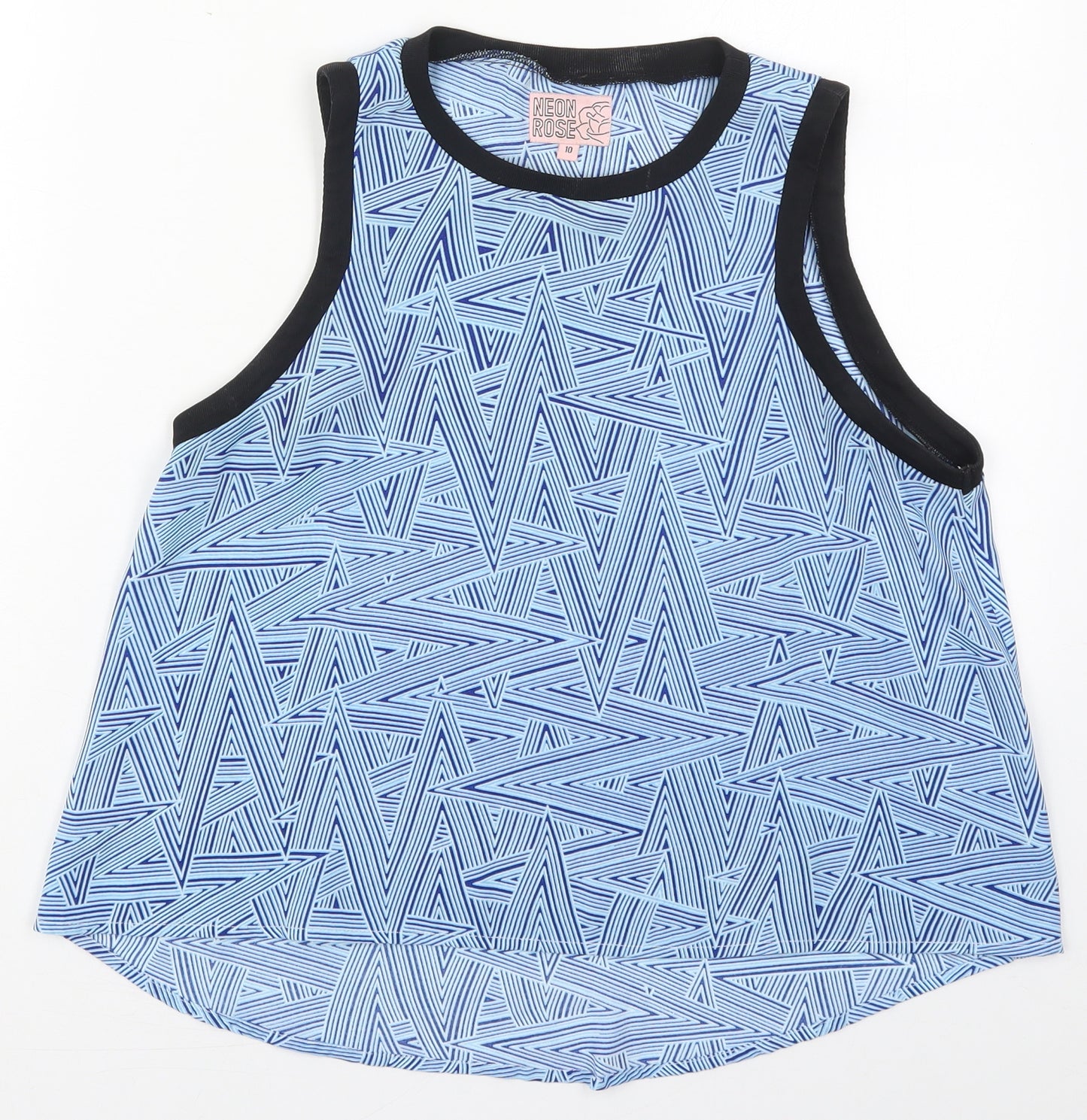 Neon Rose Womens Blue Geometric Polyester Basic Tank Size 10 Crew Neck