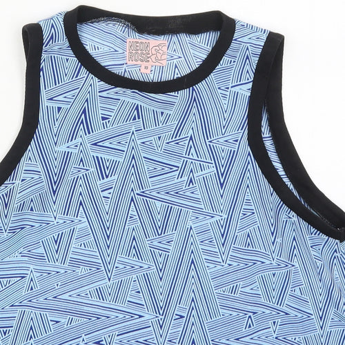 Neon Rose Womens Blue Geometric Polyester Basic Tank Size 10 Crew Neck