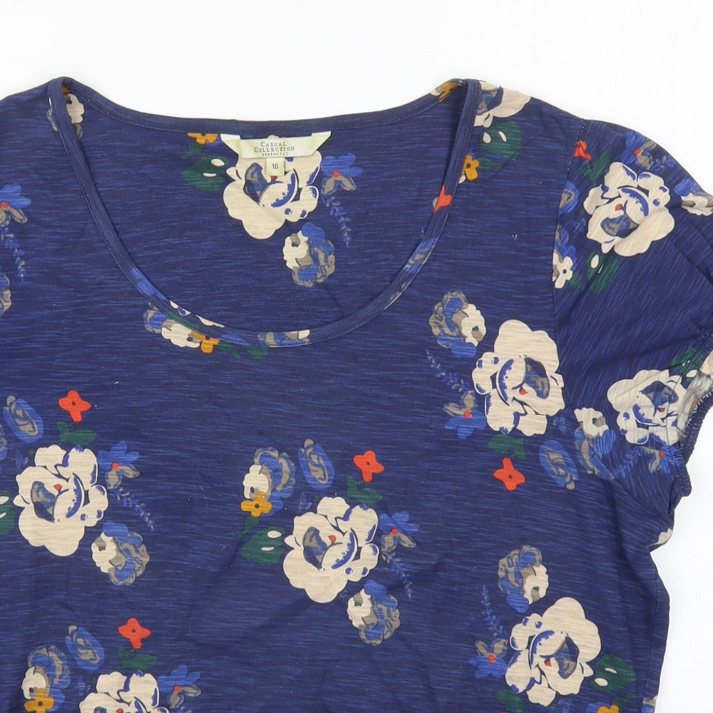 Debenhams Womens Blue Floral Cotton Basic T-Shirt Size 16 Round Neck