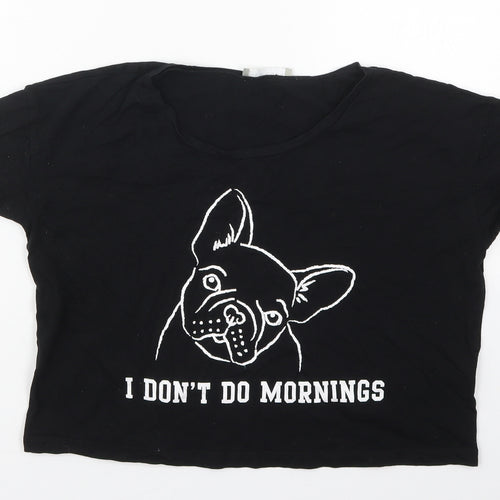 New Look Womens Black  Cotton Cropped T-Shirt Size S Crew Neck - I Don't Do Mornings