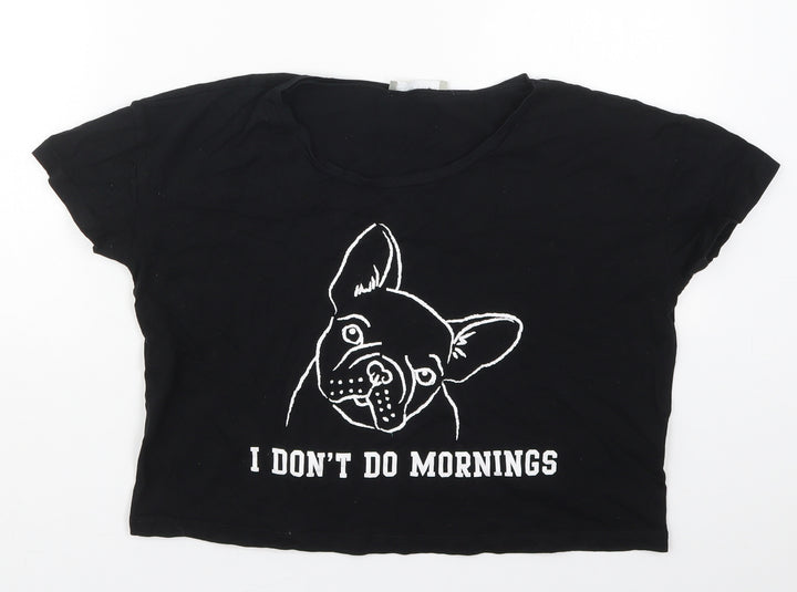 New Look Womens Black Cotton Cropped T-Shirt Size S Crew Neck - I Don't Do Mornings