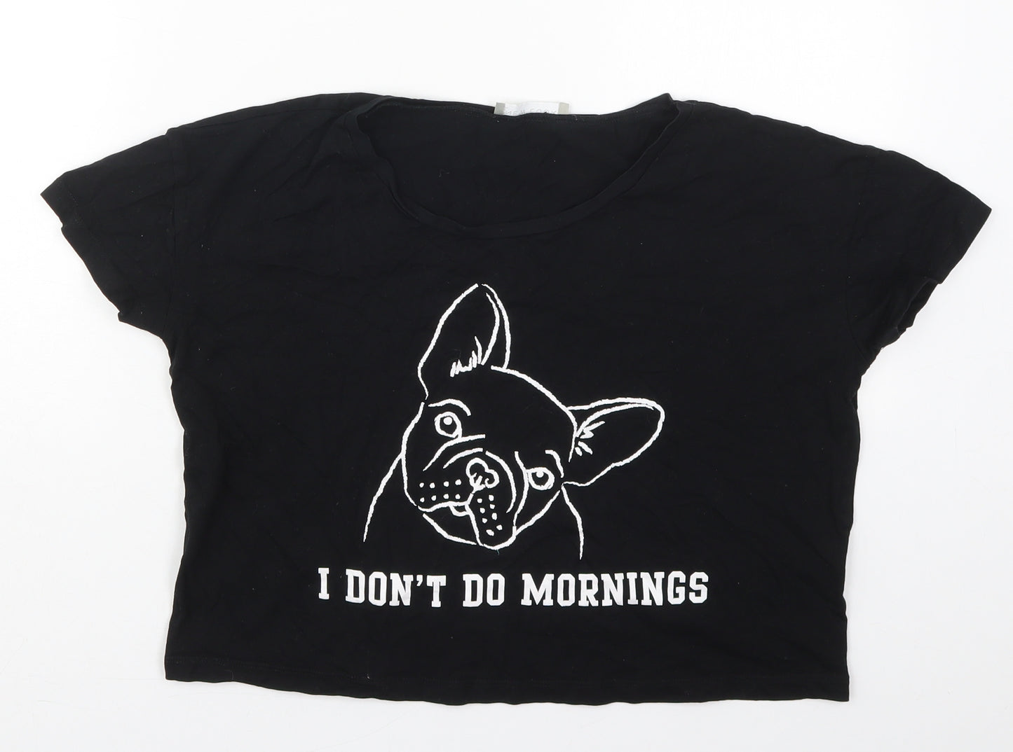 New Look Womens Black  Cotton Cropped T-Shirt Size S Crew Neck - I Don't Do Mornings