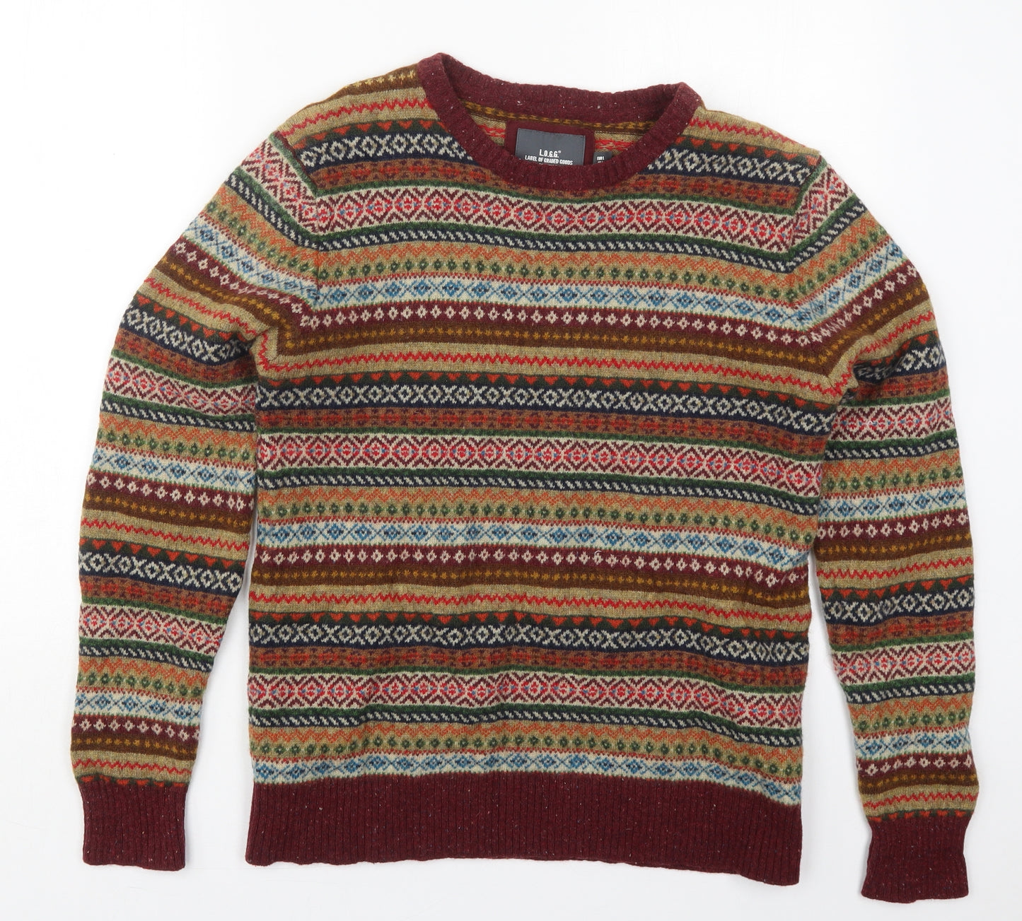 H&M Mens Red Crew Neck Geometric Wool Pullover Jumper Size L