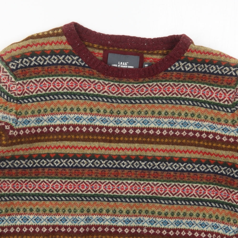 H&M Mens Red Crew Neck Geometric Wool Pullover Jumper Size L