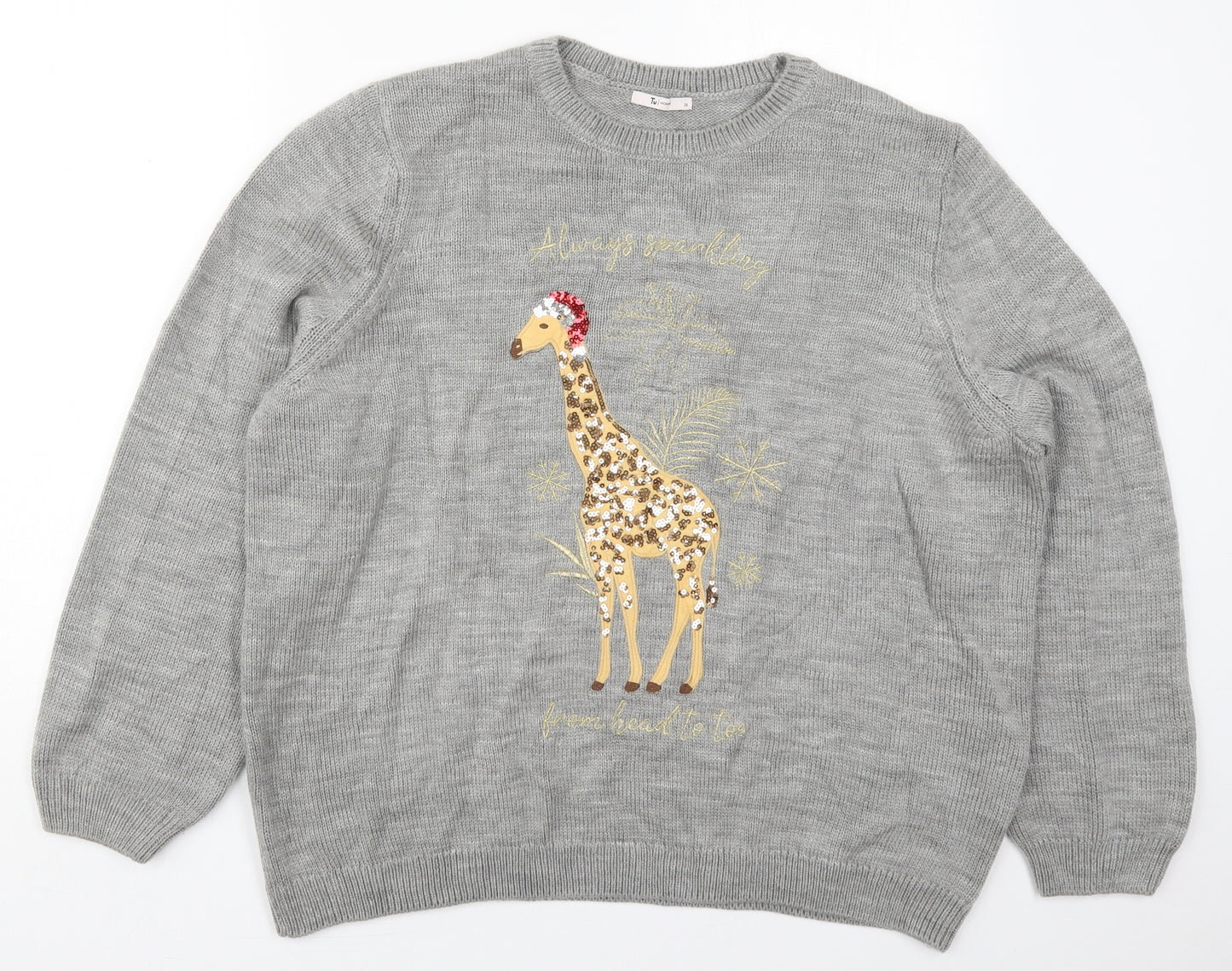 TU Womens Grey Crew Neck  Acrylic Pullover Jumper Size 20   - Christmas Giraffe