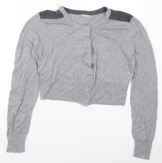 Front view of Planet women’s grey round neck cotton cardigan jumper, size XL