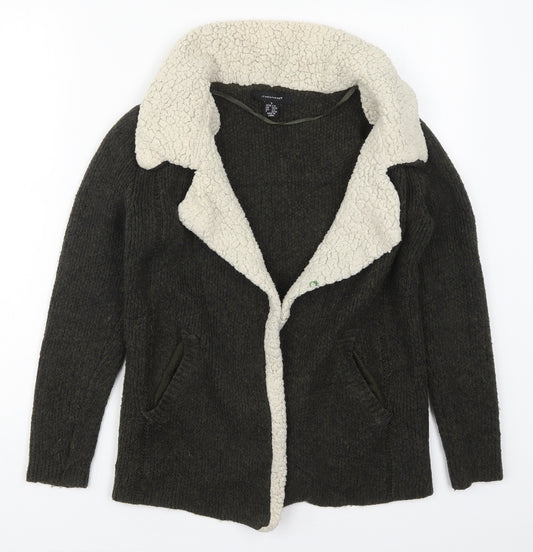 Front view of Atmosphere women’s green collared cotton cardigan jumper, size UK 6