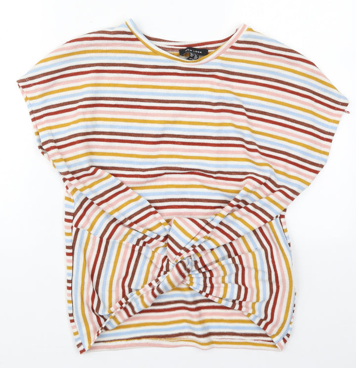 New Look Womens Pink Striped Polyester Basic T-Shirt Size S Crew Neck - Blue and Yellow