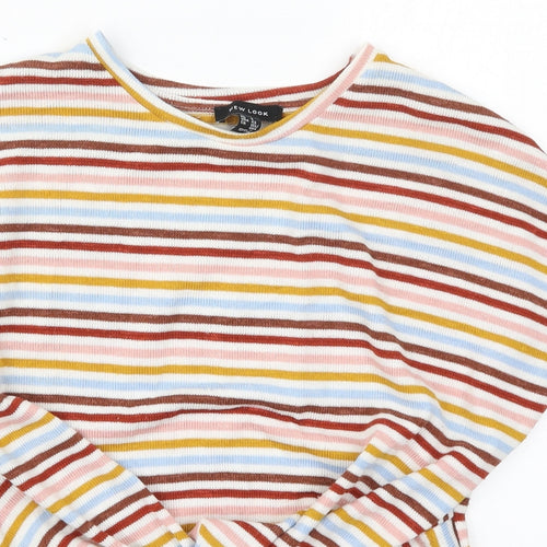 New Look Womens Pink Striped Polyester Basic T-Shirt Size S Crew Neck - Blue and Yellow