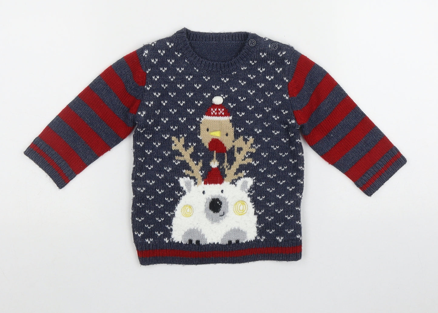 George Boys Blue Striped Acrylic Pullover Jumper Size 3-6 Months  Button - Christmas Polar Bear and Robin