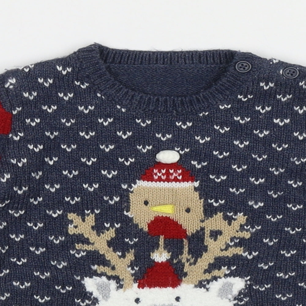 George Boys Blue Striped Acrylic Pullover Jumper Size 3-6 Months  Button - Christmas Polar Bear and Robin